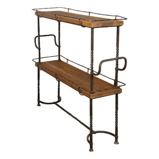 American Midcentury Metal and Wood Two-Tiered Shelving Unit with Twisted Motifs For Sale
