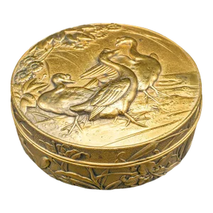 1880s Victorian Antique Snuff Tin, English Gilt Metal, Lidded Box, Relief Decor