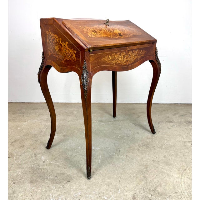 Antique French Louis XV Style Ormolu Mounted Marquetry Inlaid Slant Front Ladies Desk For Sale - Image 4 of 12