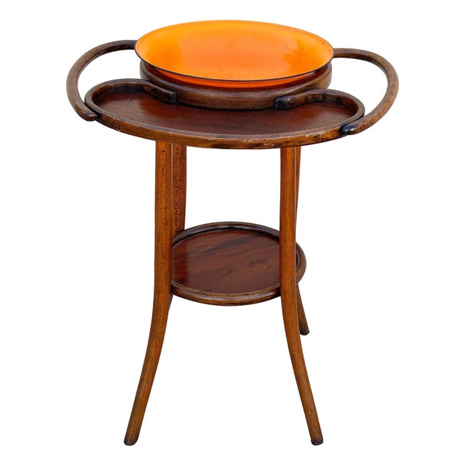 Late Victorian Thonet bent oak wash and shaving stand with original orange bowl. The top loop functions as towel holders...
