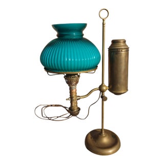 1881 Manhattan Brass Co. 'Perfection' Electrified Student Lamp With Turquoise Cased Glass Shade For Sale