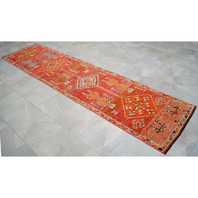 1960s Antique Style Orange Runner Rug, Hand Knotted Turkish Carpet, 3x12 Vintage Area Rug, Rare Alien Motif Decor, Organic Modern Rug For Sale - Image 5 of 16