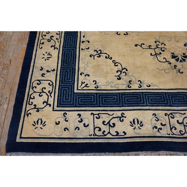 1890s Beige Classic Greek Key Allover Medallion Antique Chinese Peking Wool Rug For Sale - Image 9 of 9