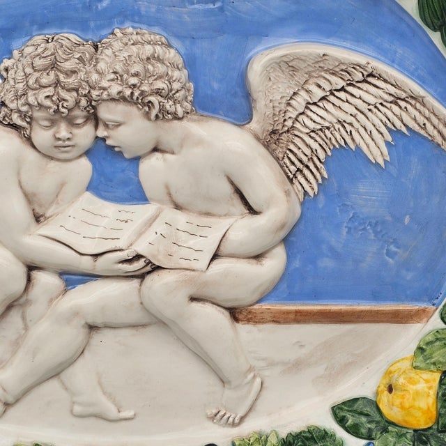 Late 20th Century Italian Della Robbia Style Angels Oval Wall Platter 19.5" Glazed Relief Fruit For Sale - Image 5 of 14