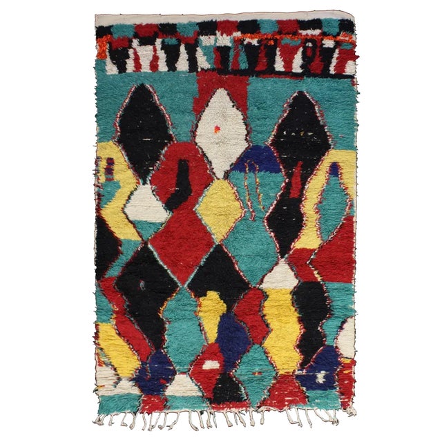 Vintage Moroccan Azilal Berber Rug in Natural Wool and Multicolored Cotton, 1982 For Sale