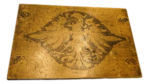 Antique Mahogany Box With Pyrogravure Imperial German Eagle and Botanical Images on Five Sides Hinged Lid Fabric Lined Interior