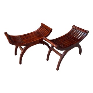 Vintage Wood Slatted Mission-Style Curved Asian Benches With Rosewood Finish, a Pair For Sale