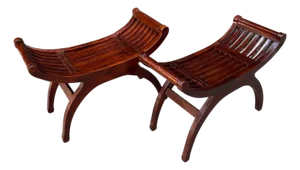 Vintage Wood Slatted Mission-Style Curved Asian Benches With Rosewood Finish, a Pair
