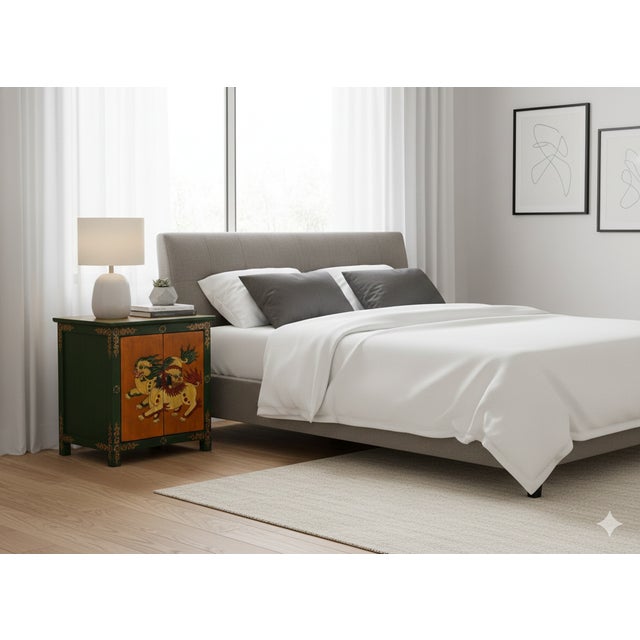 Asian Tibetan Style Green Orange Two Snowlions End Table Nightstand For Sale - Image 3 of 10