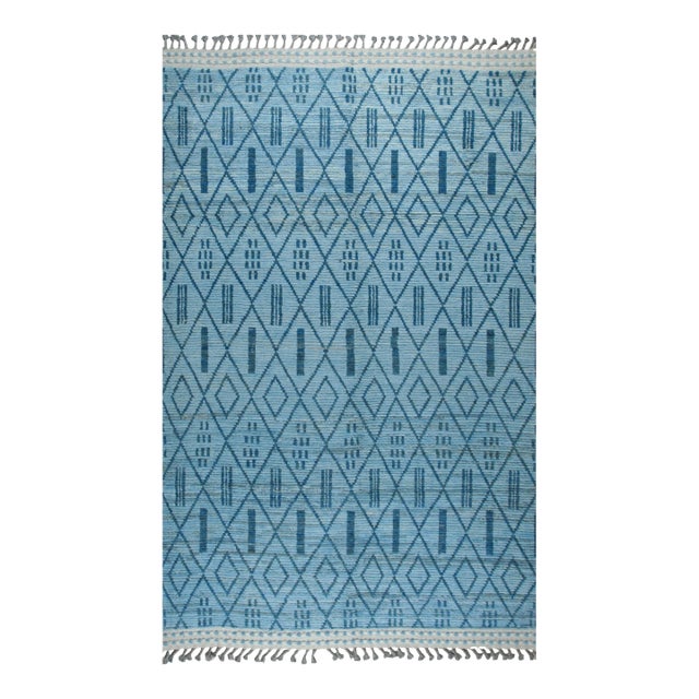 6x9 Stylish Marrakech Blue Tribal Geometric Modern Hand-Knotted Wool Carpet Rug For Sale