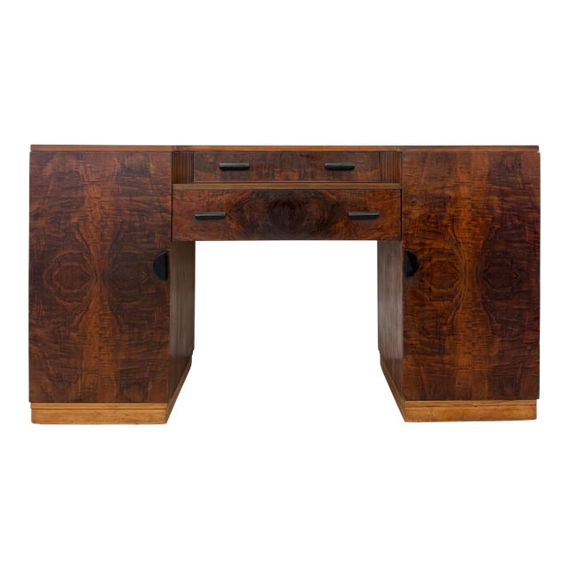 Vintage Art Deco Burl Wood Pedestal Desk For Sale