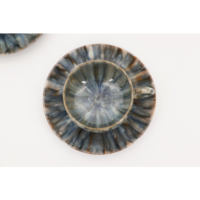 Art Deco 1920s Bordallo Pinheiro Art Deco Flambé-Glazed Set of Three Teacup & Saucer For Sale - Image 3 of 12