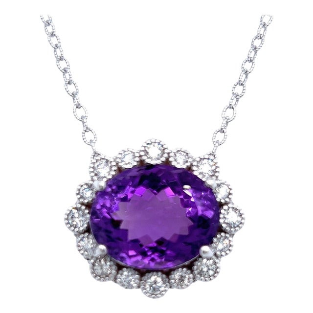 Natural Amethyst Diamond Pendant with Chain 14k W Gold 15.51 TCW Certified For Sale