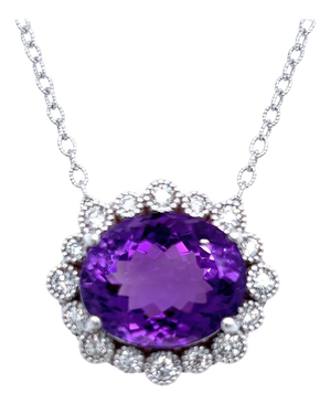 Natural Amethyst Diamond Pendant with Chain 14k W Gold 15.51 TCW Certified