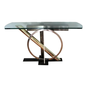 1980s Kaizo Oto for Dia Modernist -Chrome & Brass Console Table With Sculptural Base and Glass Top