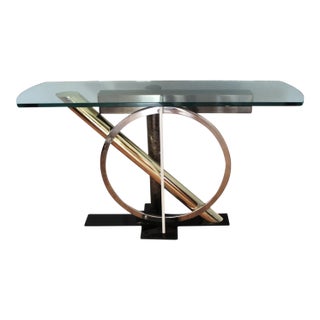 Kaizo Oto for Dia Modernist Console Table – Glass, Chrome, Brass & Geometric Pedestal Base For Sale