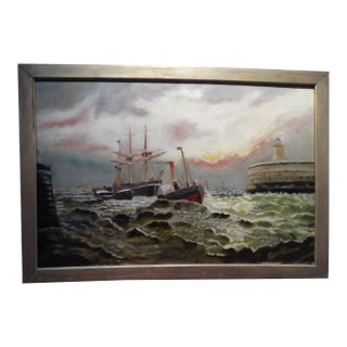 19th Century Marine Harbor Scene Oil on Canvas Painting For Sale