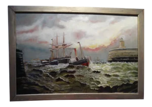 19th Century Marine Harbor Scene Oil on Canvas Painting