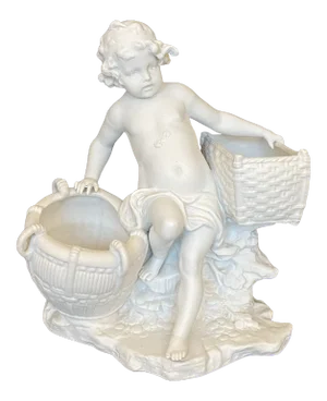Antique Porcelain White Bisque Parian Figure Boy Cherub With Basket Planter Sculpture