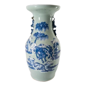 19th Century Chinese Celadon and Blue and White Vase With Horses, Drilled