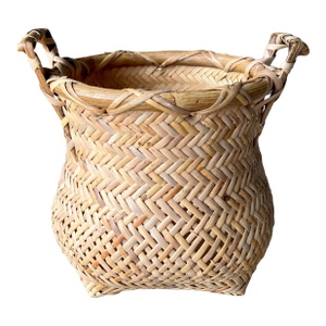 Stylish Mid 20th-Century Rattan & Bamboo Zig Zag Aka Herringbone Pattern Cachepot / Planter Basket