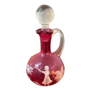 Antique Hand-Blown Mary Gregory Cranberry Glass Cruet & Stopper For Sale