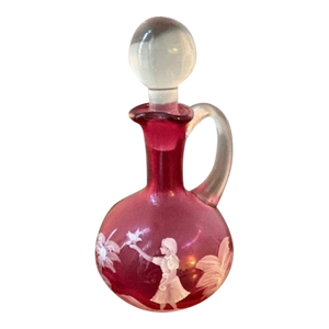Antique Hand-Blown Mary Gregory Cranberry Glass Cruet & Stopper