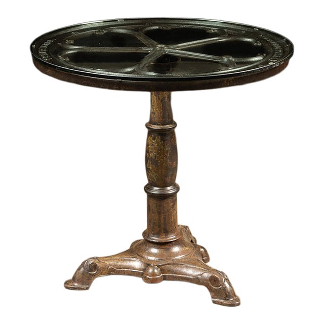 Early 20th Century Repurposed Industrial Cast-Iron Mill Wheel Round Dining Table With Glass Top For Sale