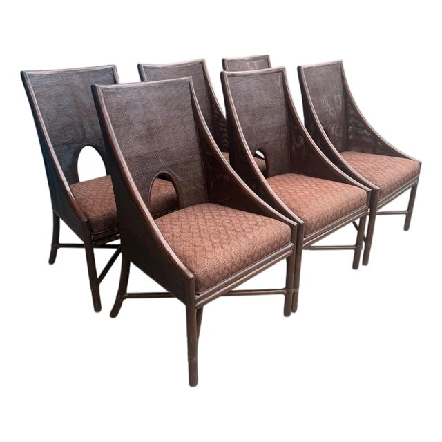 Set of 6 McGuire Organic Modern Double-Caned Dining Chairs in Tobacco Finish For Sale