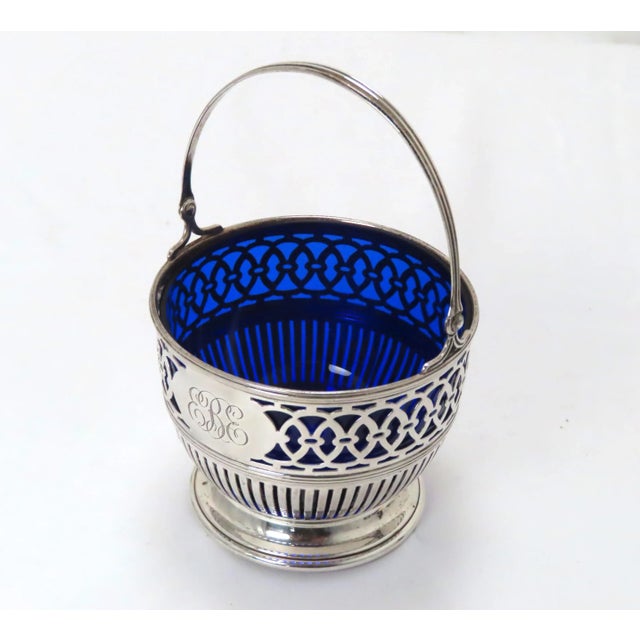 American Antique Edwardian Sterling Silver With Cobalt Glass Nuts & Candy Basket For Sale - Image 3 of 13