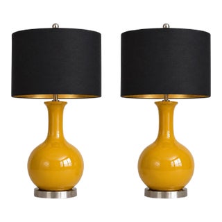 Late 20th Century Mustard Ceramic Gourd Table Lamps With Black & Gold Drum Shades - a Pair For Sale