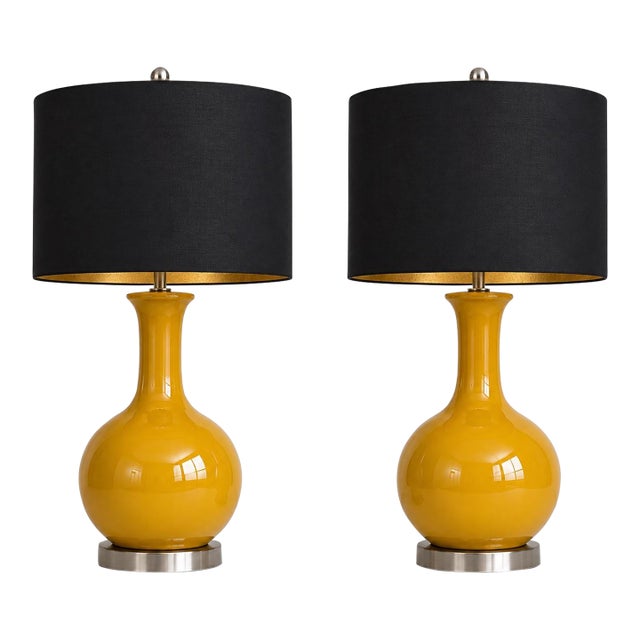 Late 20th Century Mustard Ceramic Gourd Table Lamps With Black & Gold Drum Shades - a Pair For Sale