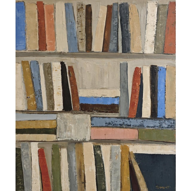 A refined and atmospheric composition, this contemporary oil painting by Sophie Dumont revisits the motif of the library...
