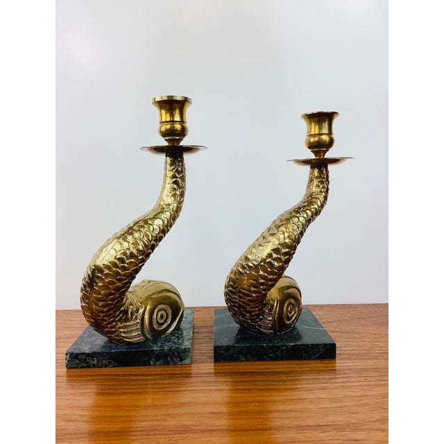 Metal Vintage Antique Dolphin / Fish Brass & Marble Pair of Candle Holders For Sale - Image 7 of 8