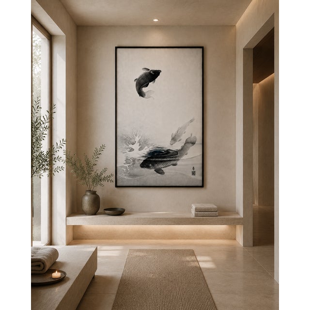 Black Three Carps by Ohara Koson, Vintage Japanese Woodblock Print Reproduction, 32" X 48" For Sale - Image 8 of 10