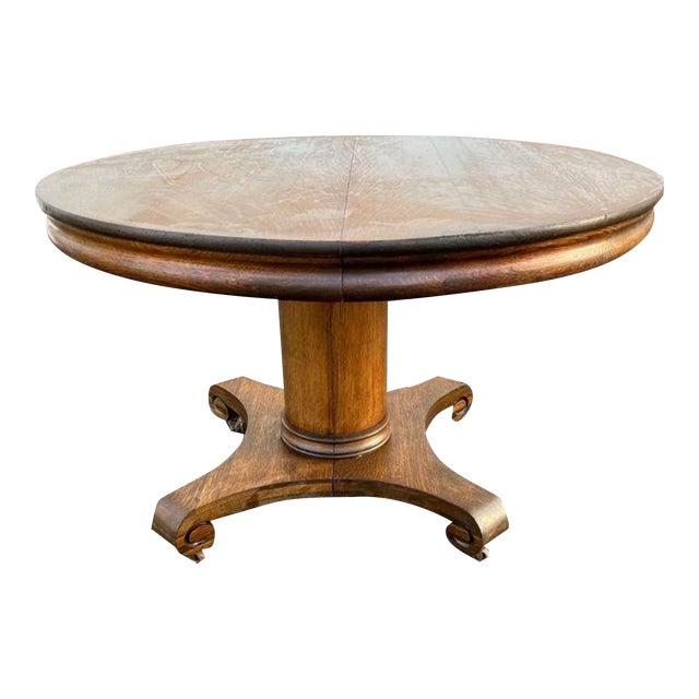 19th Century Regency Style Tiger Oak Round Dining Table With 4 Leaves. For Sale