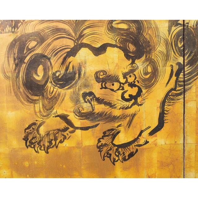 Mid 20th Century Japanese Showa Four Panel Screen Pair of Karashishi Foo Dogs For Sale - Image 12 of 18