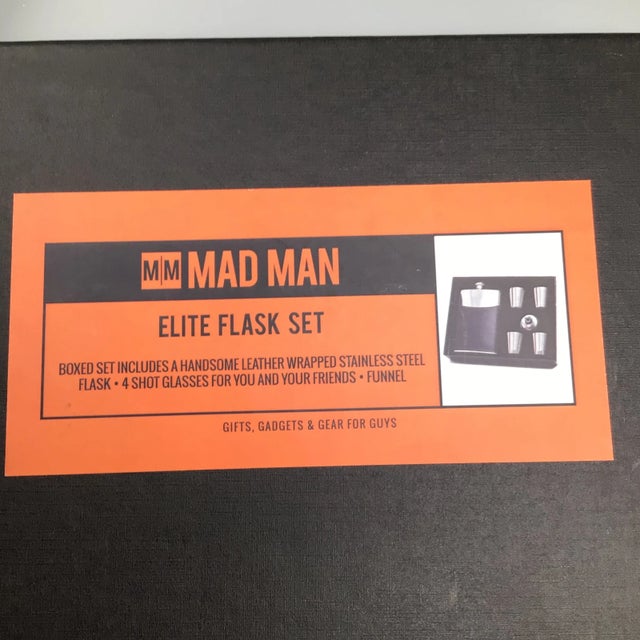 Mad Man Elite Stainless Steel Flask Set With 4 Shot Glasses, 1 Flask and 1 Funnel in Original Gift Box - 7 Piece For Sale - Image 12 of 13