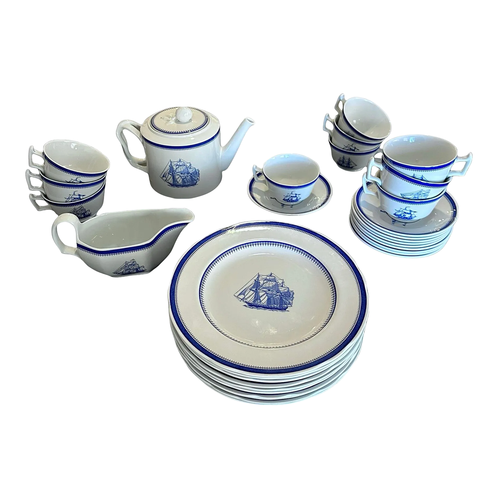 Late 20th Century Spode Blue Clipper Tea Set for 10 - 33 Pieces