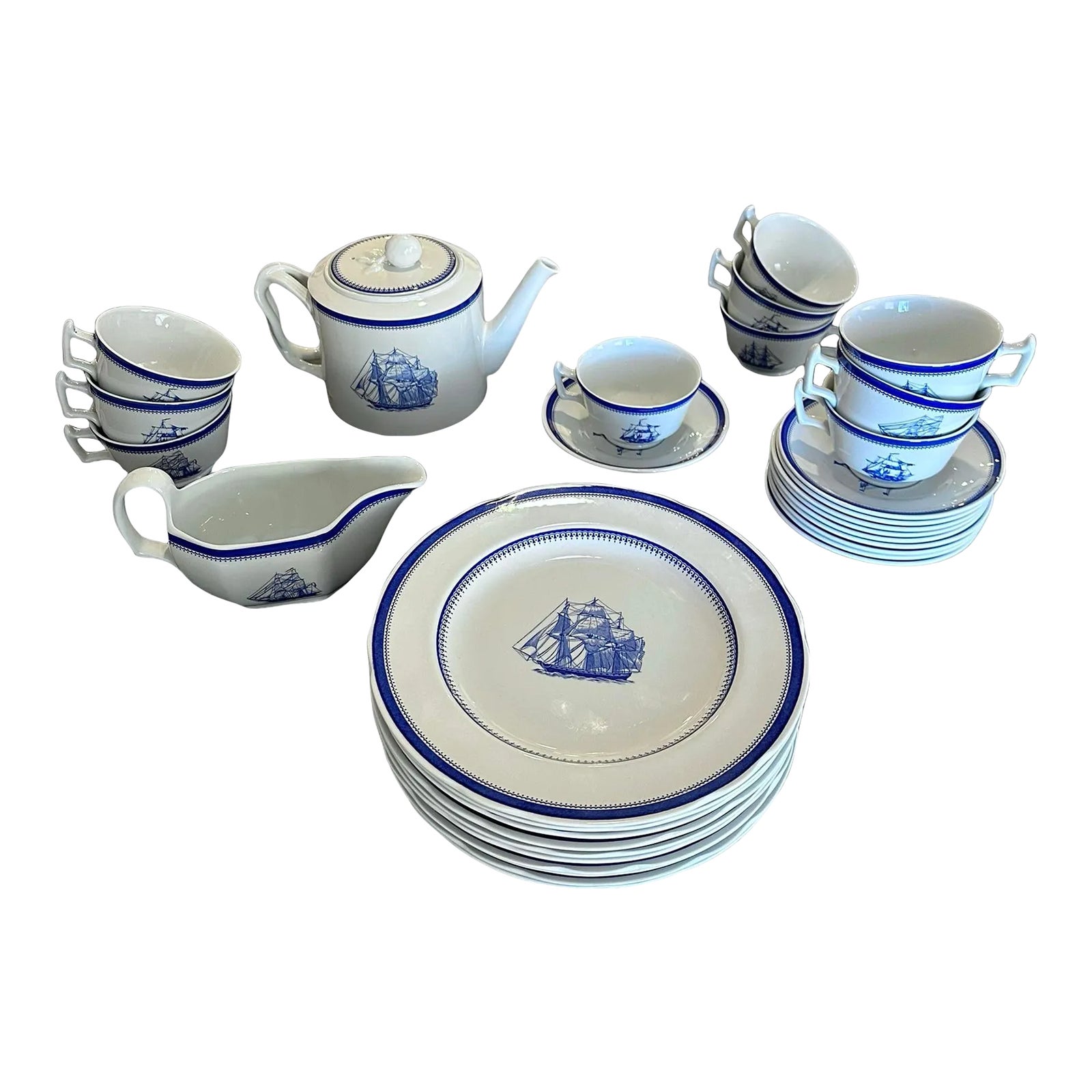 Late 20th Century Spode Blue Clipper Tea Set for 10 - 33 Pieces | Chairish