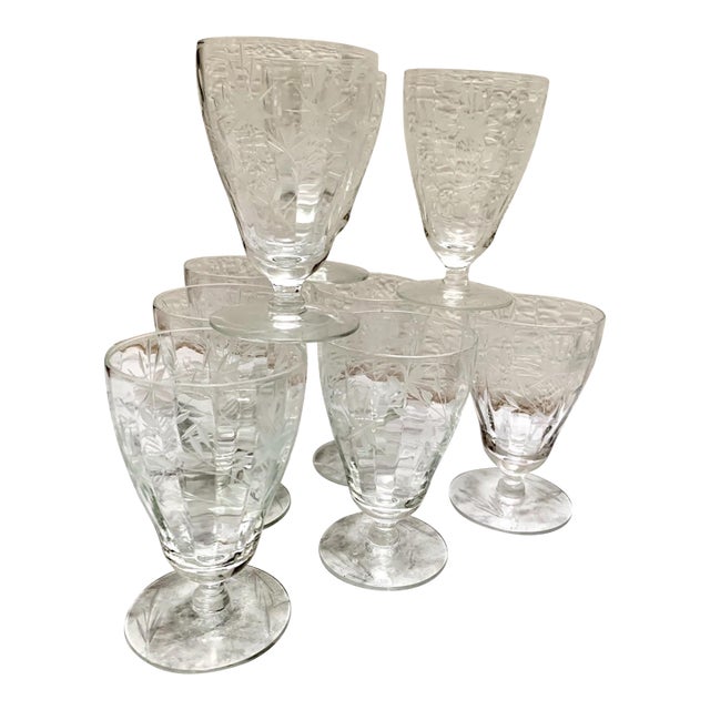 Vintage Etched Glass Stemware - Set of Nine For Sale