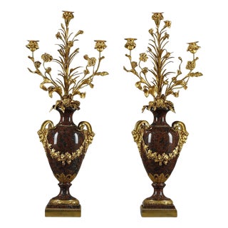 Louis Xvi Style Candelabras in Griotte Red Marble and Gilt Bronze, 1880, Set of 2 For Sale