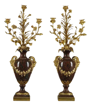 Louis Xvi Style Candelabras in Griotte Red Marble and Gilt Bronze, 1880, Set of 2