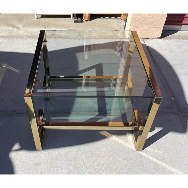1970s Brass Greek Key Glass Top End Table Chairish