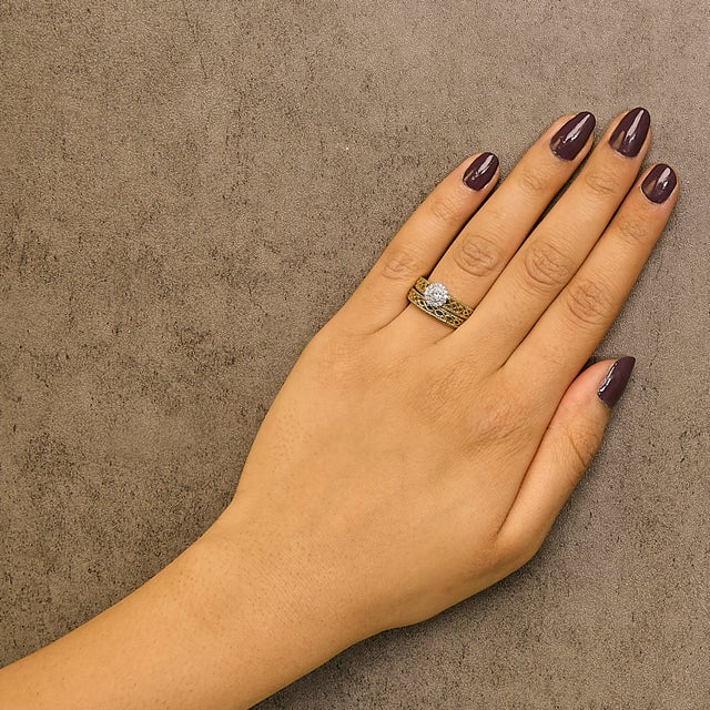 Early 21st Century 14K Yellow Gold Plated .925 Sterling Silver 1/5 Cttw Diamond Halo Engagement Ring and Wedding Band Set (I-J Color, I3 Clarity) - Size 7 For Sale - Image 5 of 6