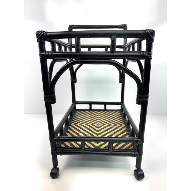 Black 1960s Vintage Mid-Century Modern Black Woven Rattan Bar Cart For Sale - Image 8 of 12