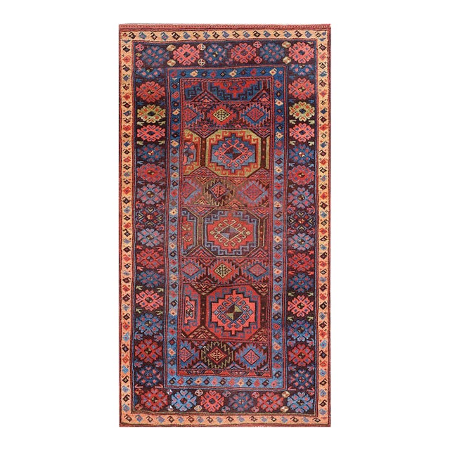 1890s Brown Geometric Tribal Antique Persian Kurdish Rug 4'2" X 7'6" Handknotted Wool Carpet For Sale