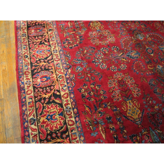 1920s Red Field Formal Cypress Trees Room Size Antique Sarouk Knotted Wool Rug For Sale - Image 4 of 5