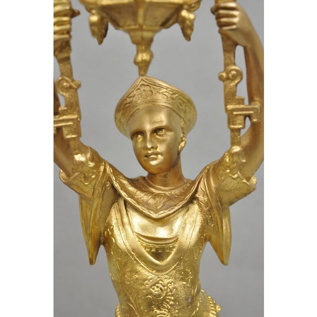 Metal Antique Orientalist Gold Gilt Bronze Figural Male and Female Candlesticks - Pair For Sale - Image 7 of 18