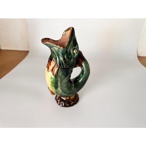 Brown Majolica Gobbling Fish Jug in Green and Brown, England, 19th Century For Sale - Image 8 of 10